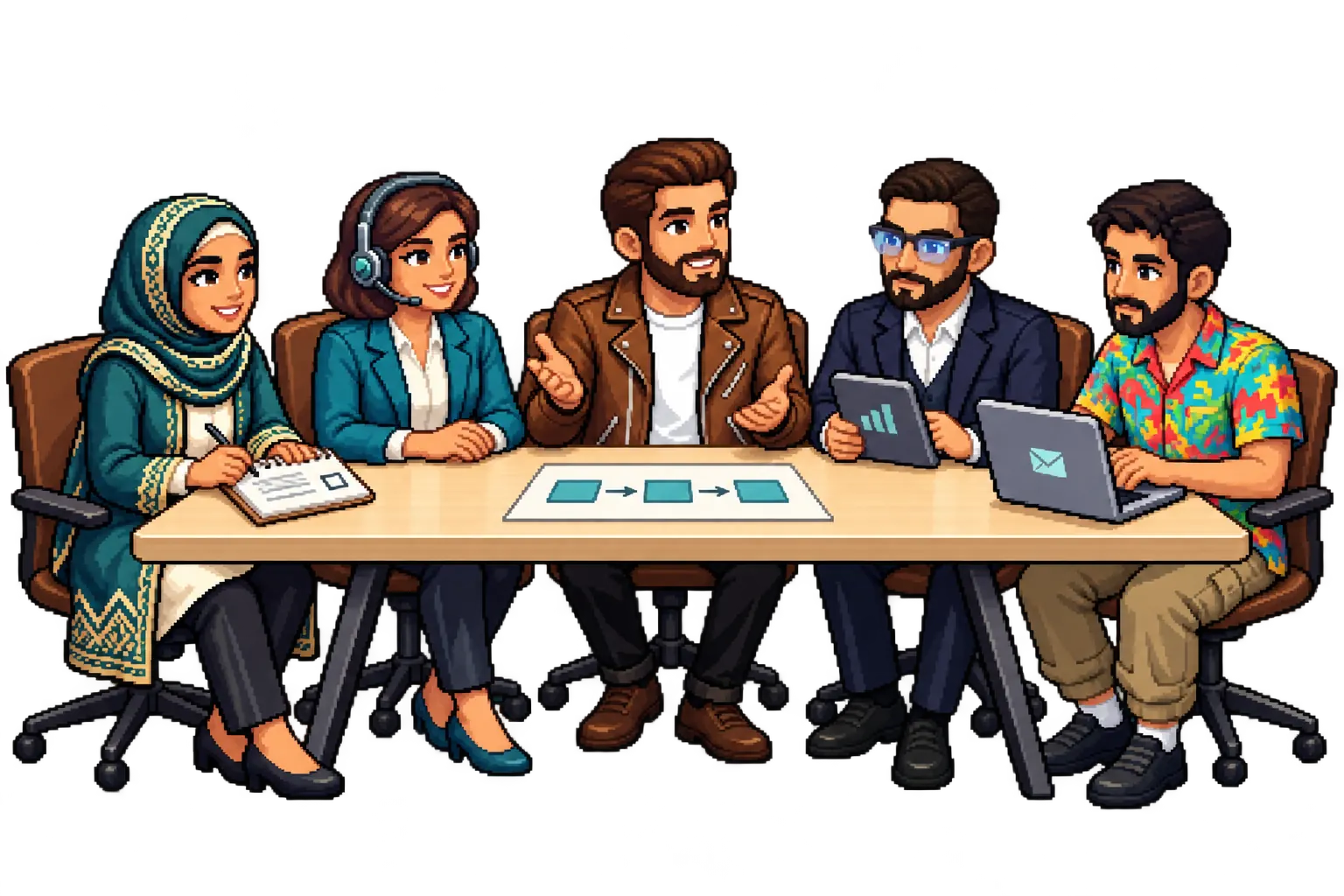 رسم لفريق BznsFlow يخطط للعمل معاً حول طاولة